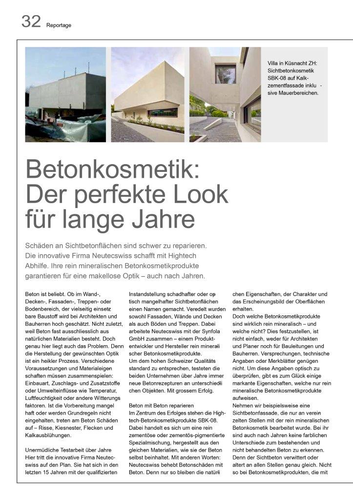Pressebericht Betonkosmetik im Sonderheft Beton, in der Fachzeitschrift die baustellen und intelligent bauen.